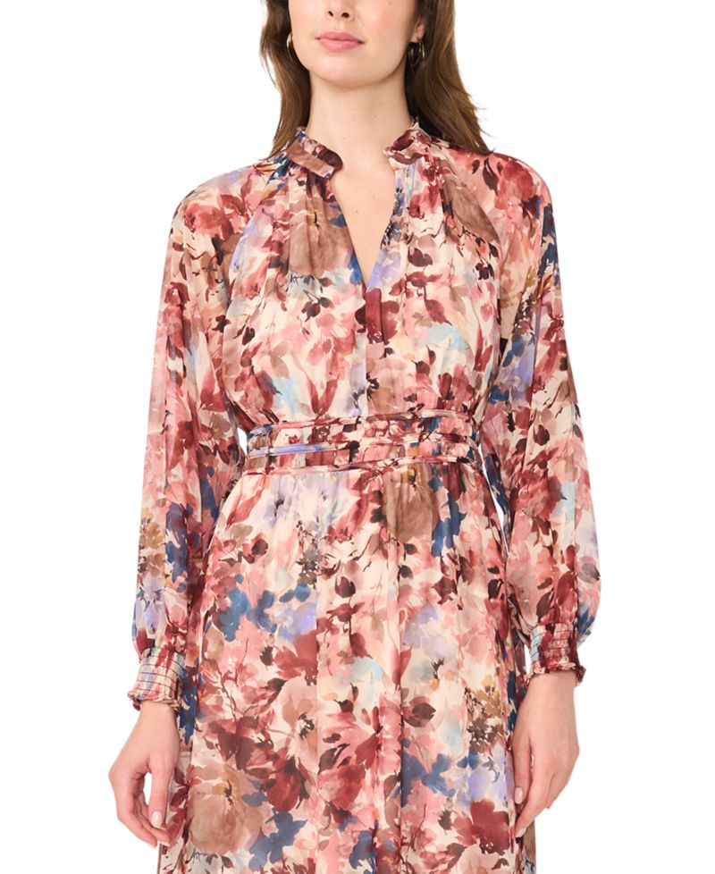 Women's Floral Long-Sleeve V-Neck Maxi Dress