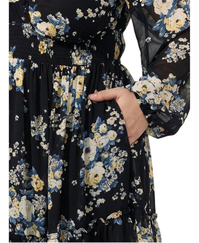 Plus Size Floral-Print V-Neck Long-Sleeve Mini Dress