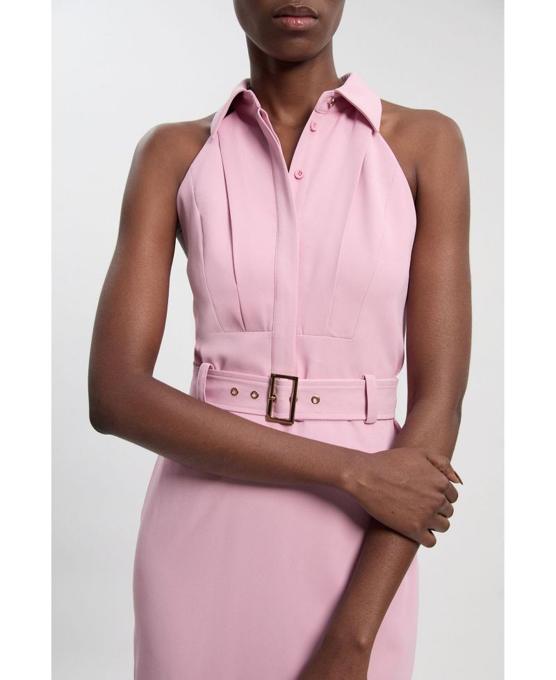 Women's Collard Halter Neck Belted Midi Dress