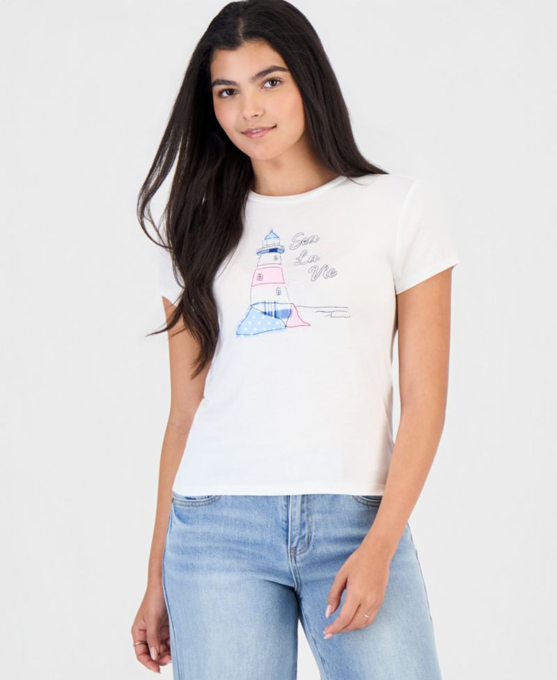 Juniors' Embroidered Crewneck T-Shirt