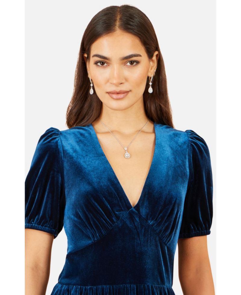Women's Puff Sleeve V-Neck Velvet Midi Dress