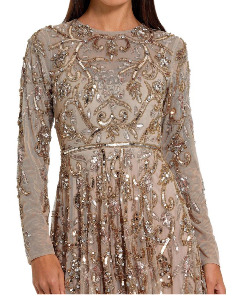 Women's Long Sleeve Hand-Embellished Illusion Neckline Evening Gown