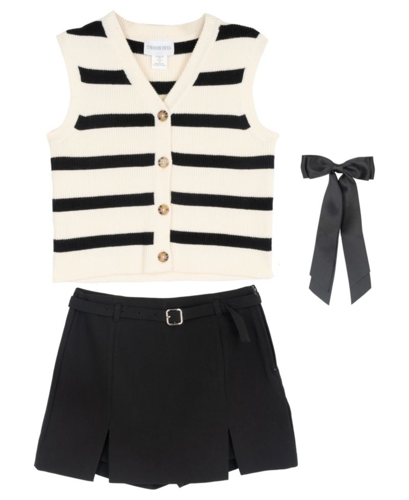 Girls' 7-12 Striped Sweater Vest, Pleated Skort with Belt and Bow Hair Clip, 3-Piece Set