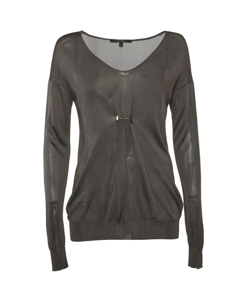 Women's Sheer Knit Brooch Detail V-Neck Top