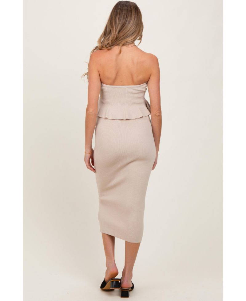 Women's Cream Strapless Ribbed Knit Peplum Top Midi Skirt Set