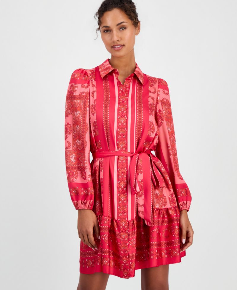 Women's Long-Sleeve Scarf-Print Twill Shirt-Dress