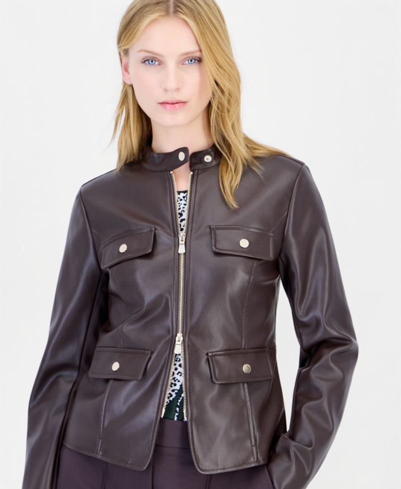 Women's Zip-Up Mixed-Media Faux Leather Jacket