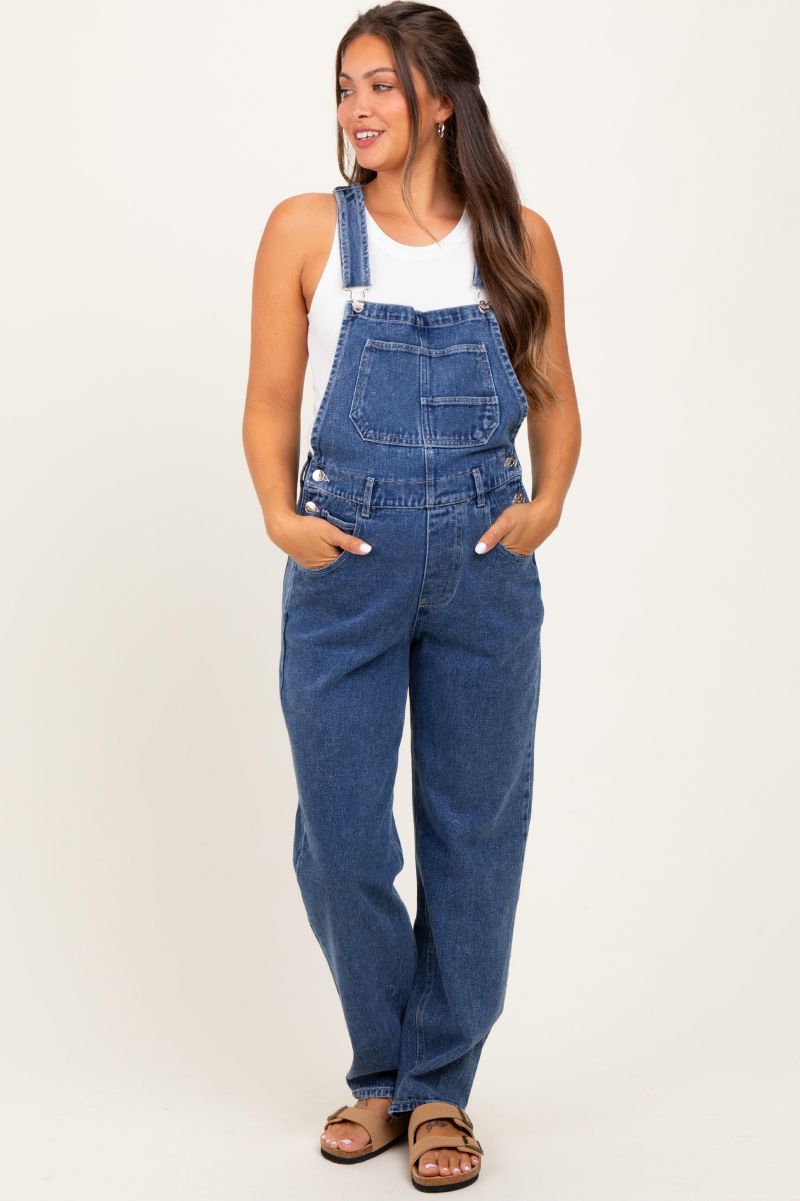 Women's Blue Wash Rolled Cuff Denim Overalls