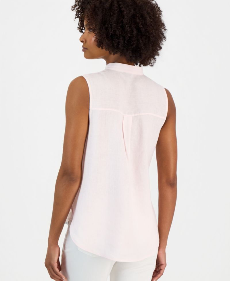 Women's Linen Sleeveless Band-Collar Shirt