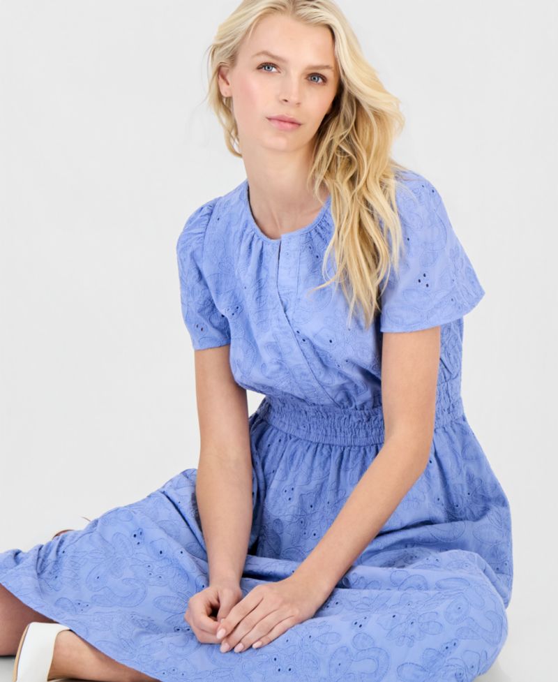 Women's Eyelet Short-Sleeve Midi Dress