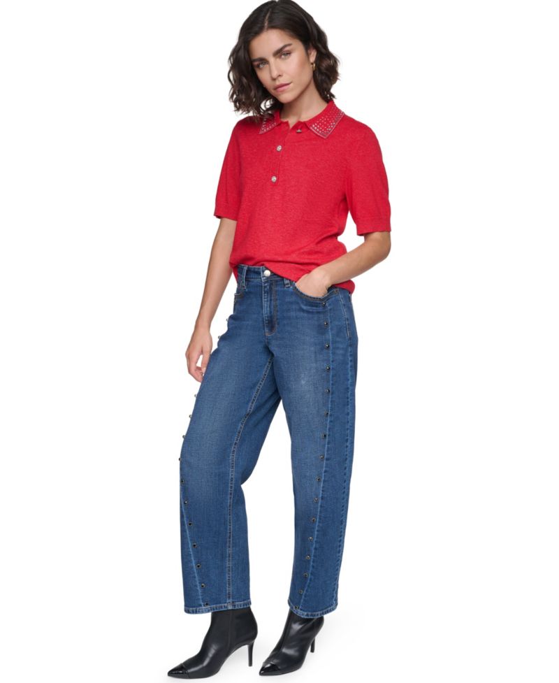Petite Key Item Short-Sleeve Embellished-Collar Polo Shirt