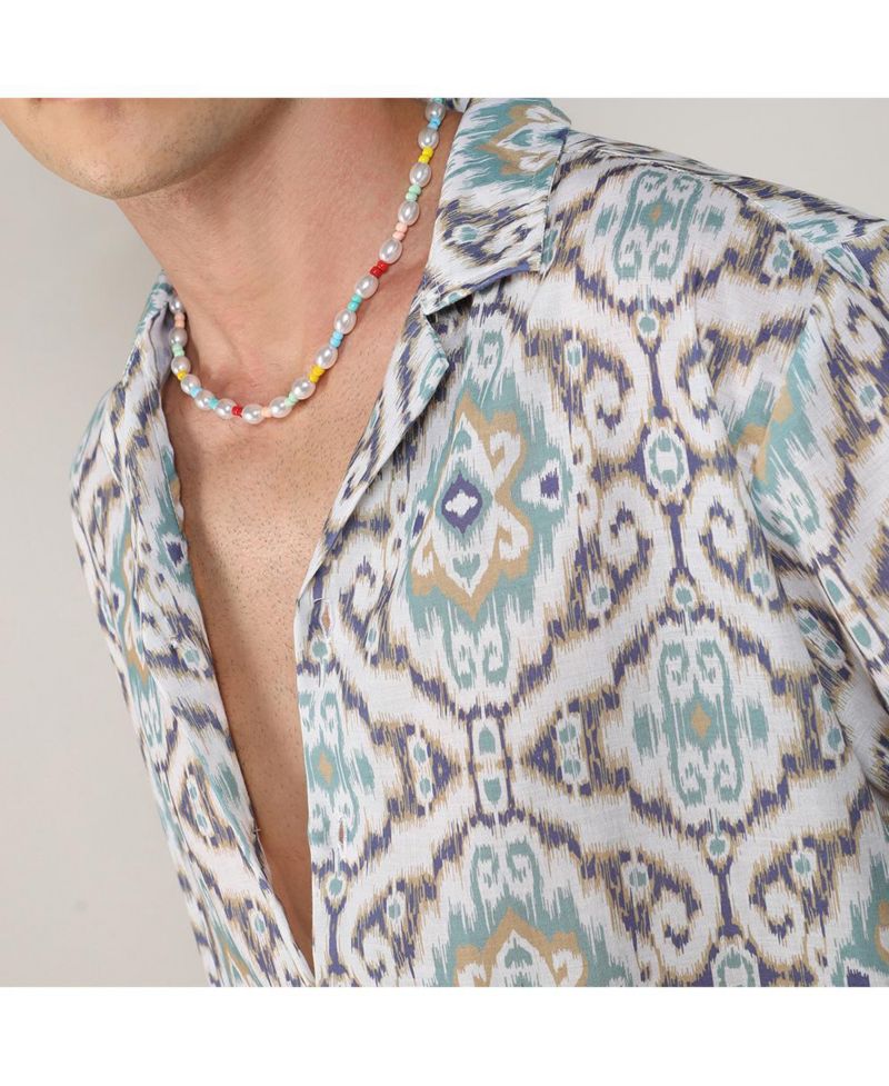 Men's Ivory White & Sage Green Ikkat Shirt
