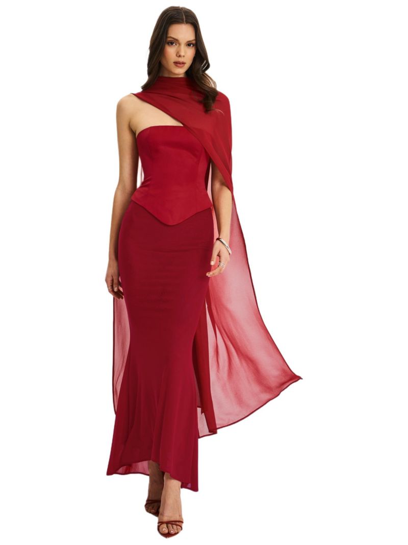 Women's Giselle Crimson Peplum Mermaid Gown with Chiffon Scarf