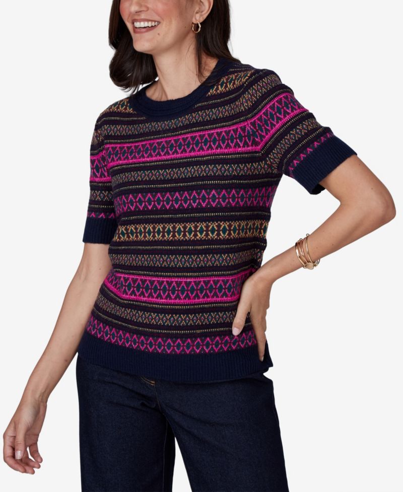 Petite Fair Isle Short-Sleeve Scoop Neck Sweater