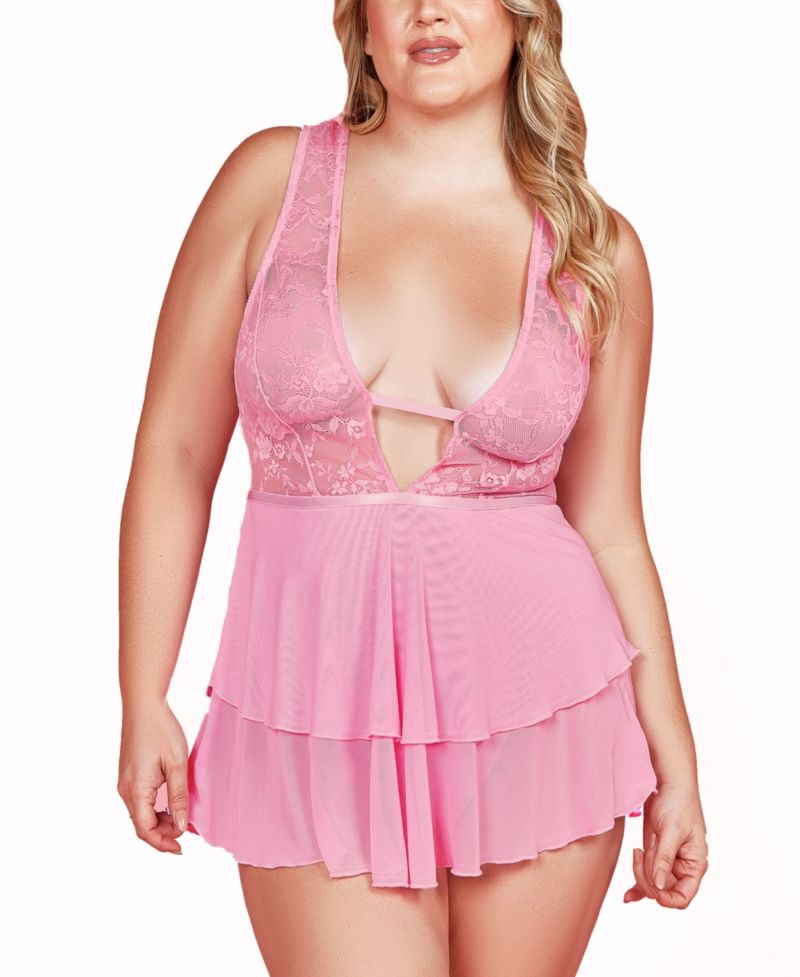 Plus Size Lace Plunge Neck Babydoll and Panty 2-Piece Lingerie Set
