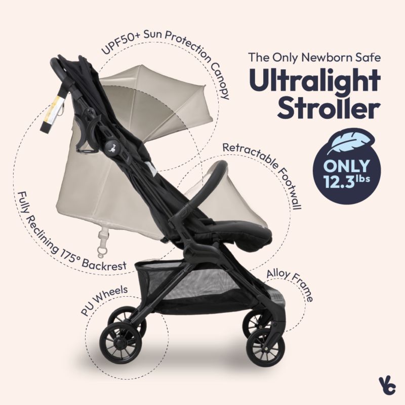 HopLite Ultralight Compact Lightweight Baby Stroller For Airplane - Travel Stroller for Newborn from Birth to 55 lbs, Jet Black