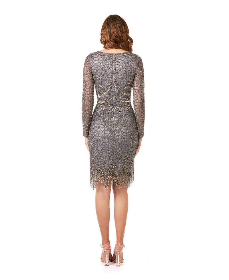 Women's Long Sleeve Midi Dress with V-Neckline and Fringes