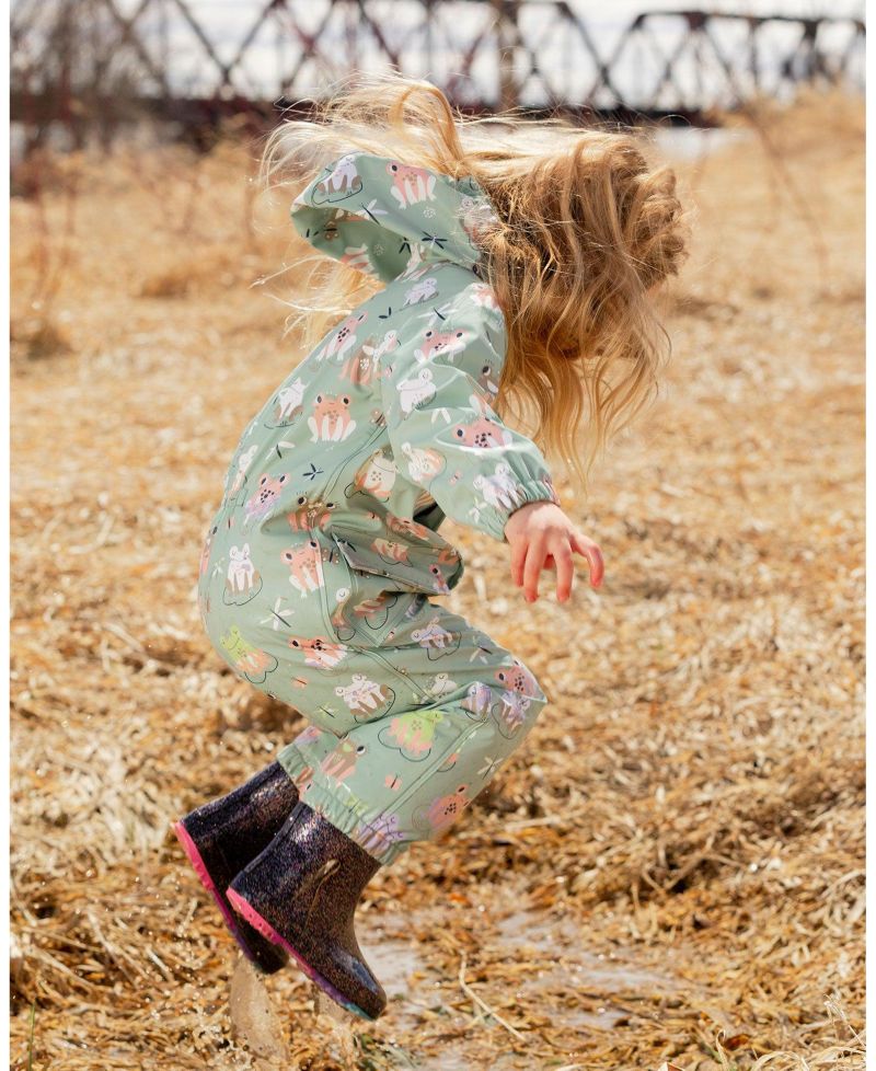 Little Girls Polyurethane Frog Print Rain One-Piece