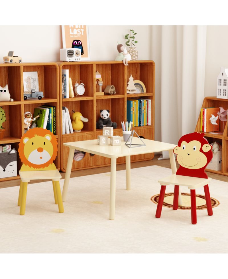 3 Piece Wood Table and Chair Set, w/ 2 LionandMonkey Animals Chairs, Wood Activity Tables Drawing Play Table Set, for Age 2-6 Boy Girl