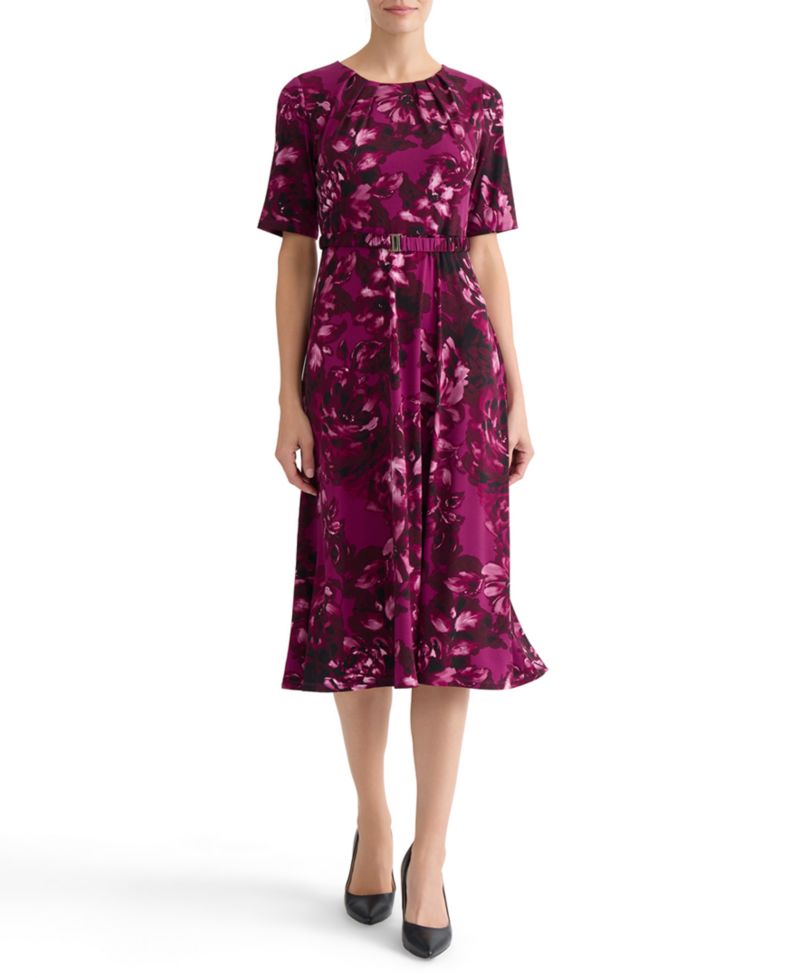 Women's Pleat-Neck Belted Short-Sleeve Dress