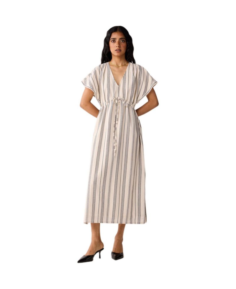 Women's Maxi Gathered Dress with Side Slits in Stripes