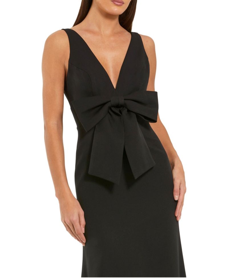 Women's Crepe Sleeveless V Neck Column Dress With Bow