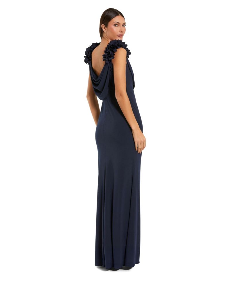 Petite 3D Floral Applique Cowl Neck Evening Gown
