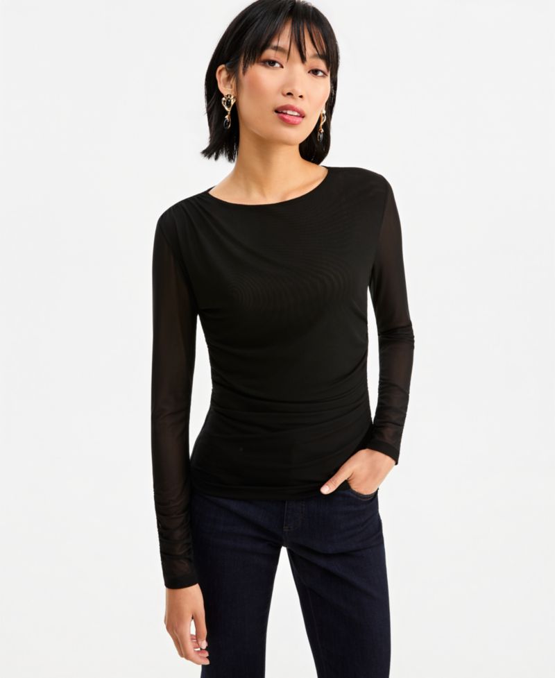 Women's Long-Sleeve Ruched Mesh Blouse
