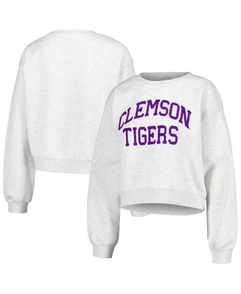 Women's Oatmeal Clemson Tigers Core Chenille Cropped Pullover Sweatshirt