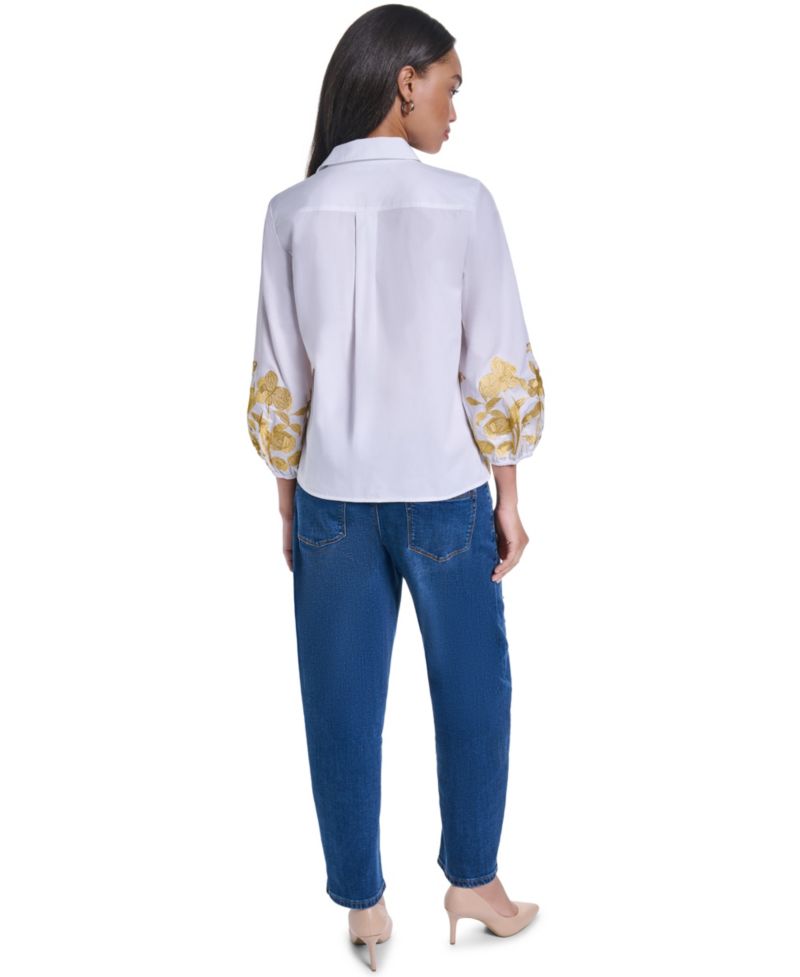 Women's Gold-Tone Embroidery Puff-Sleeve Button-Front Blouse