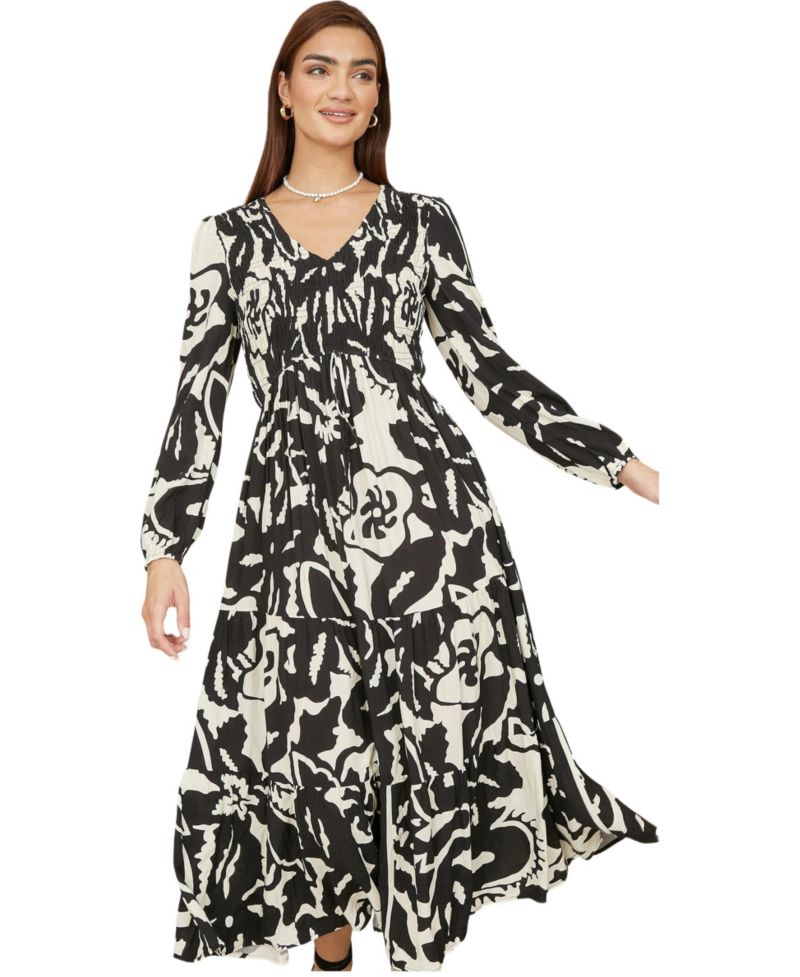 Women's Abstract Print Ruched V-Neck Midi Dress