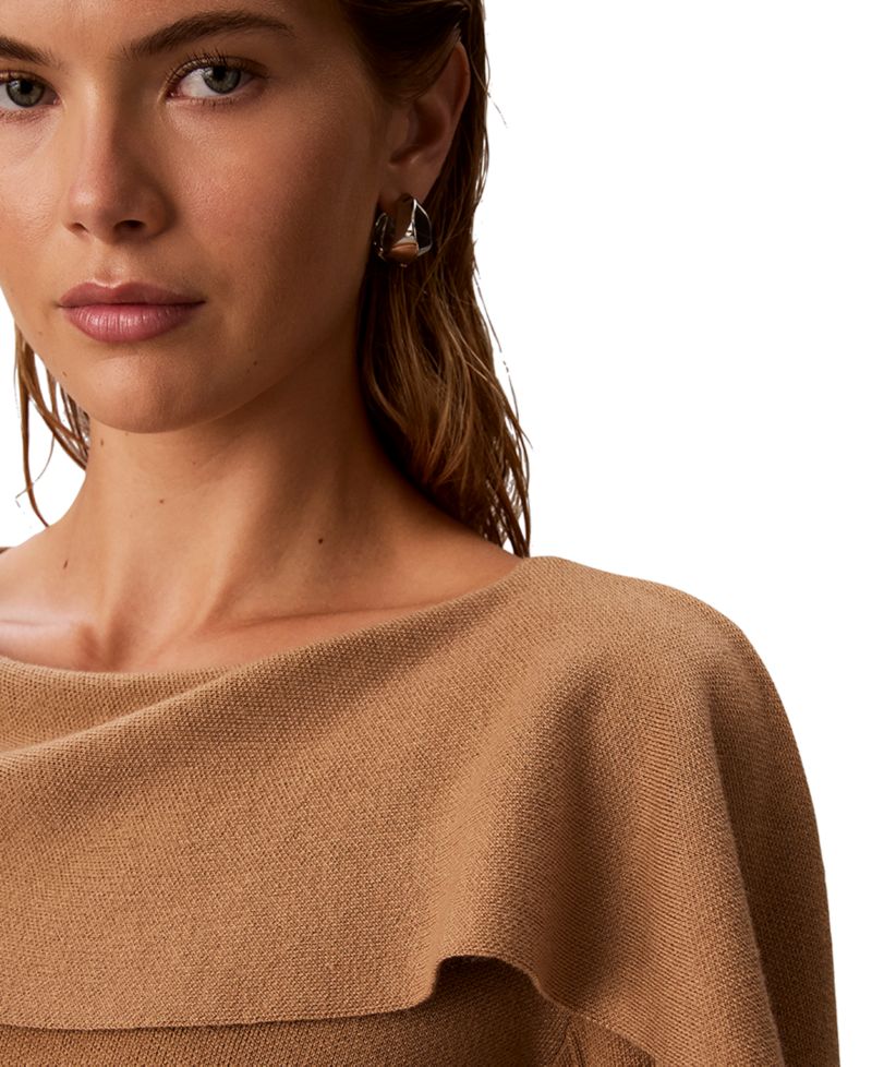 Petite Asymmetrical Drape Boat Neck Long-Sleeve Sweater
