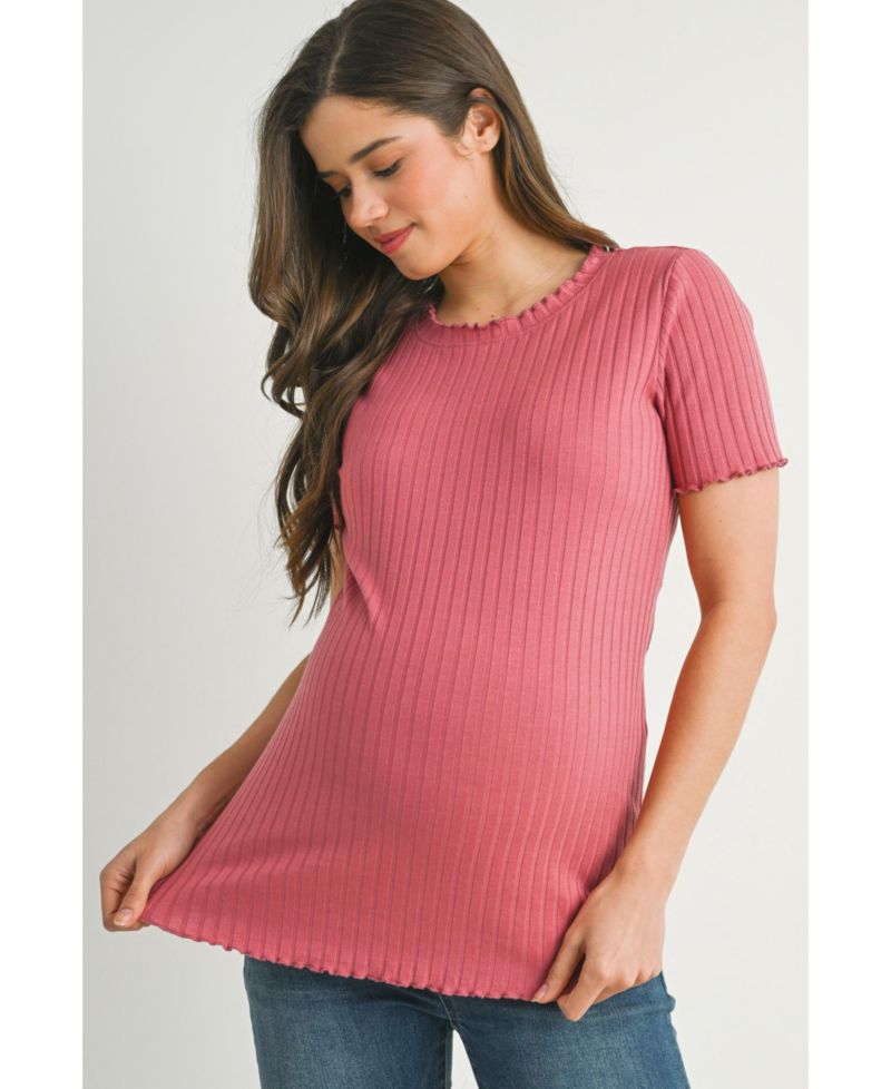 Women's Maternity Ribbed Crew Neck Short Sleeve Top with Lettuce Hem