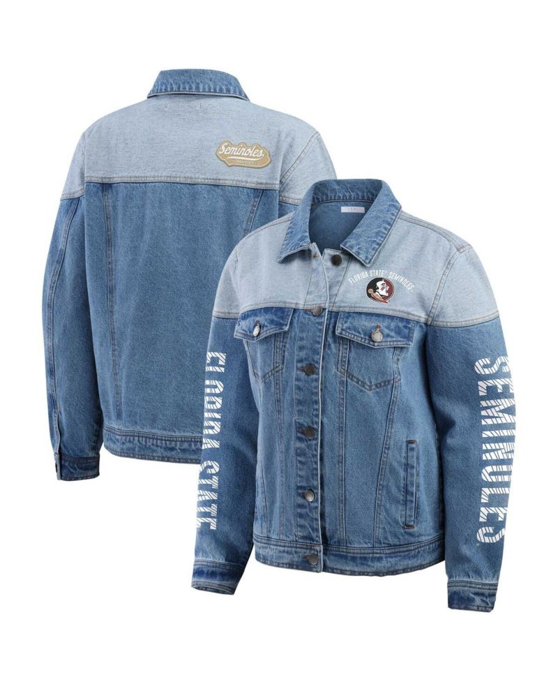 Women's Denim Florida State Seminoles Sleeve Hit Color Block Button-Down Denim Jacket