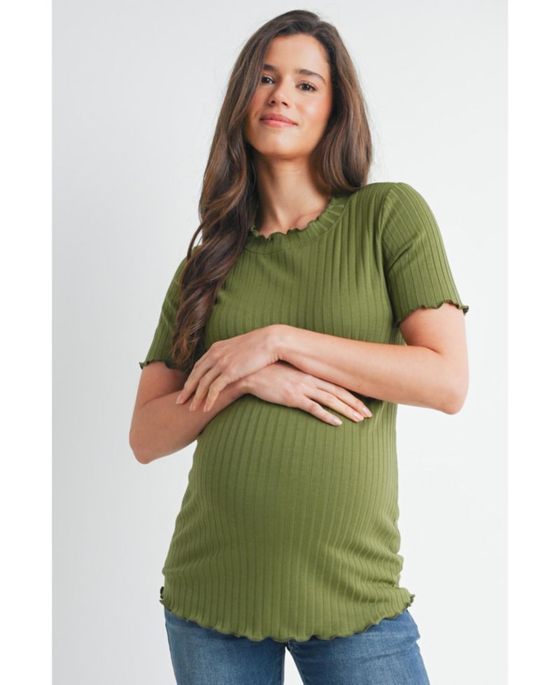 Women's Maternity Ribbed Crew Neck Short Sleeve Top with Lettuce Hem