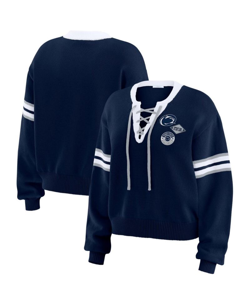 Women's Navy Penn State Nittany Lions Lace-Up Pullover Sweater