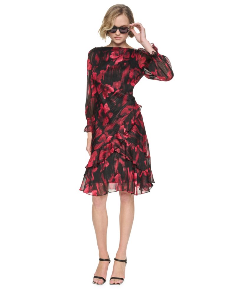 Petite Boat-Neck Long-Sleeve Floral-Print Dress