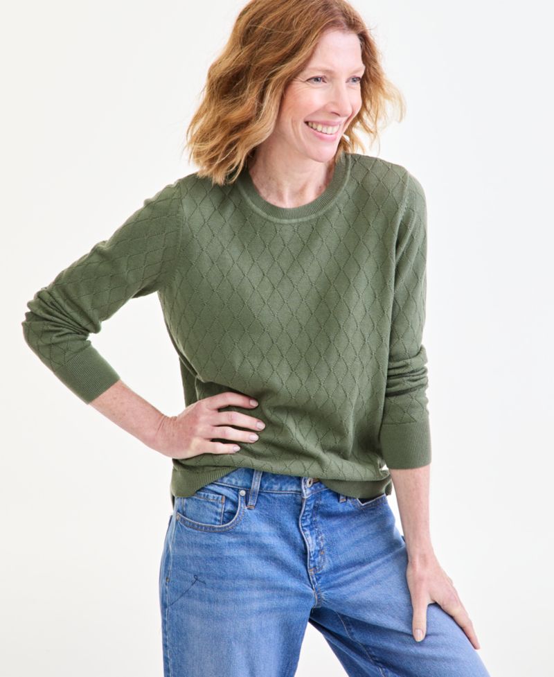 Petite Solid Curved Hem Crew Long-Sleeve Mixed-Textured Stitch Sweater