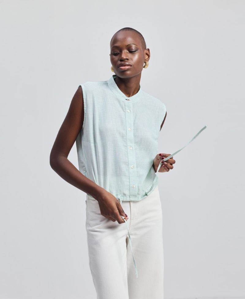 Women's Button-down Shirt with Waist Drawstring in Stripes