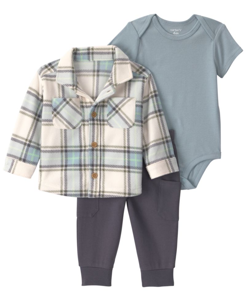 Baby Boys' Plaid Fleece Layering Short-Sleeve Bodysuit, Shirt and Pants, 3-Piece Set