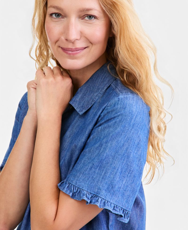 Petite Ruffle-Sleeve Button-Up Camp Shirt