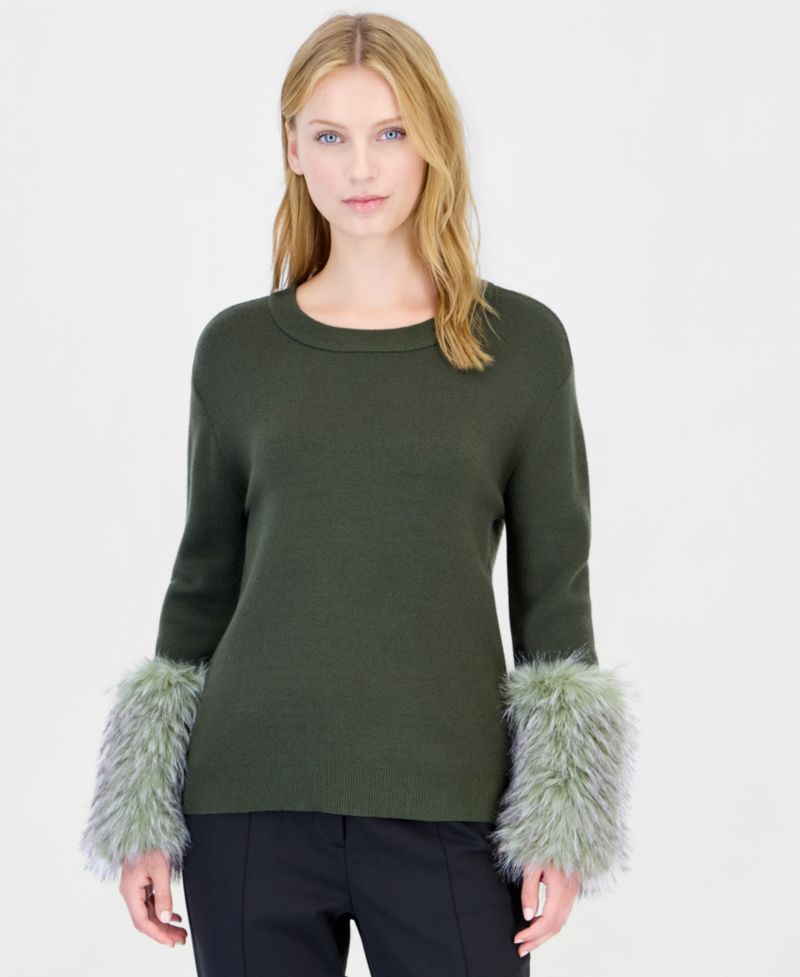 Women's Long-Sleeve Crewneck Faux-Fur Trim Pullover Sweater
