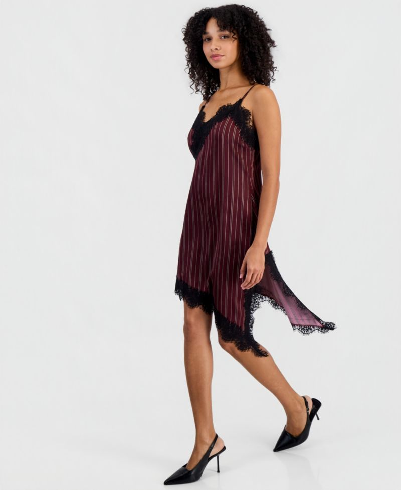 Women's Pinstripe V-Neck Lace-Trim Satin Dress