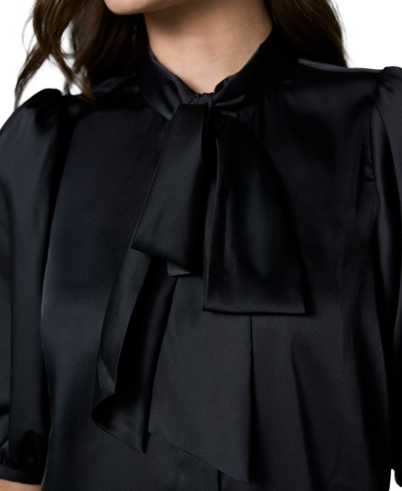 Petite Elbow-Length Puff-Sleeve Tie-Neck Satin Blouse
