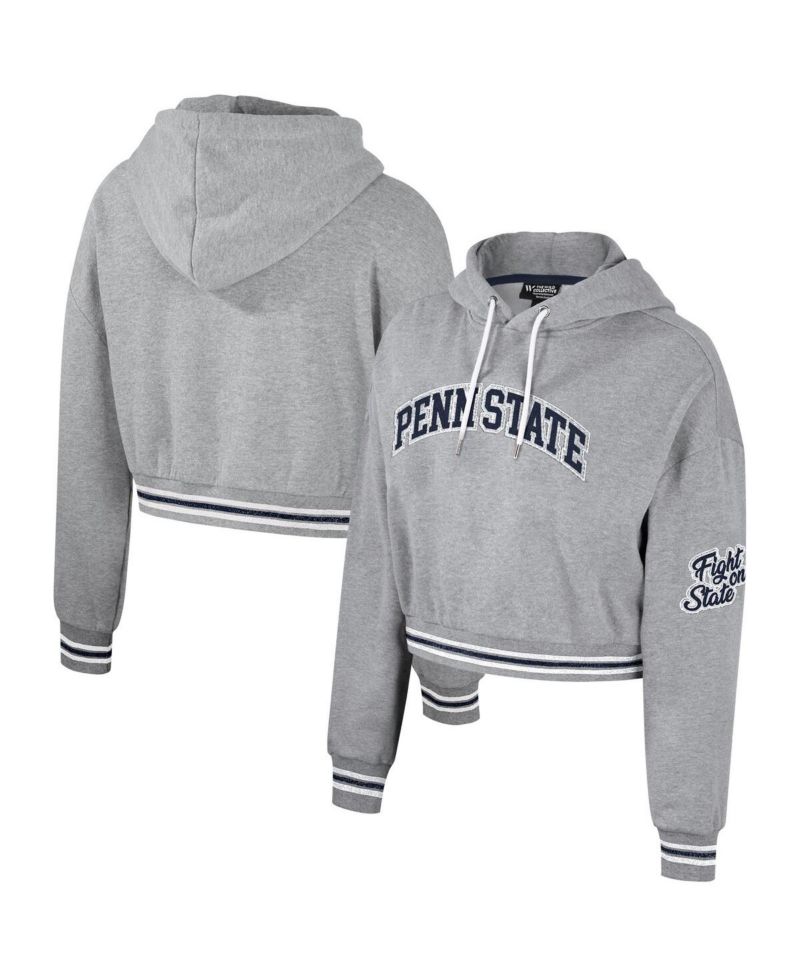 Women's Heather Gray Distressed Penn State Nittany Lions Cropped Shimmer Pullover Hoodie