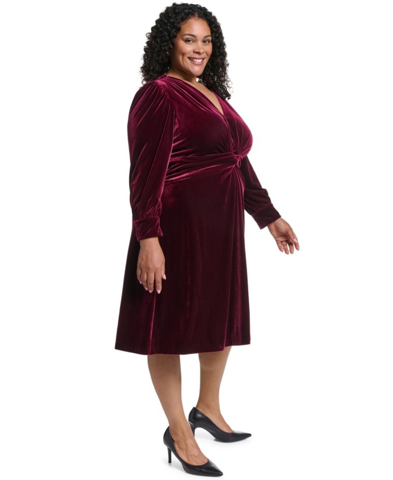 Plus Size Twist Front Long-Sleeve Cocktail V-Neck Velvet Dress