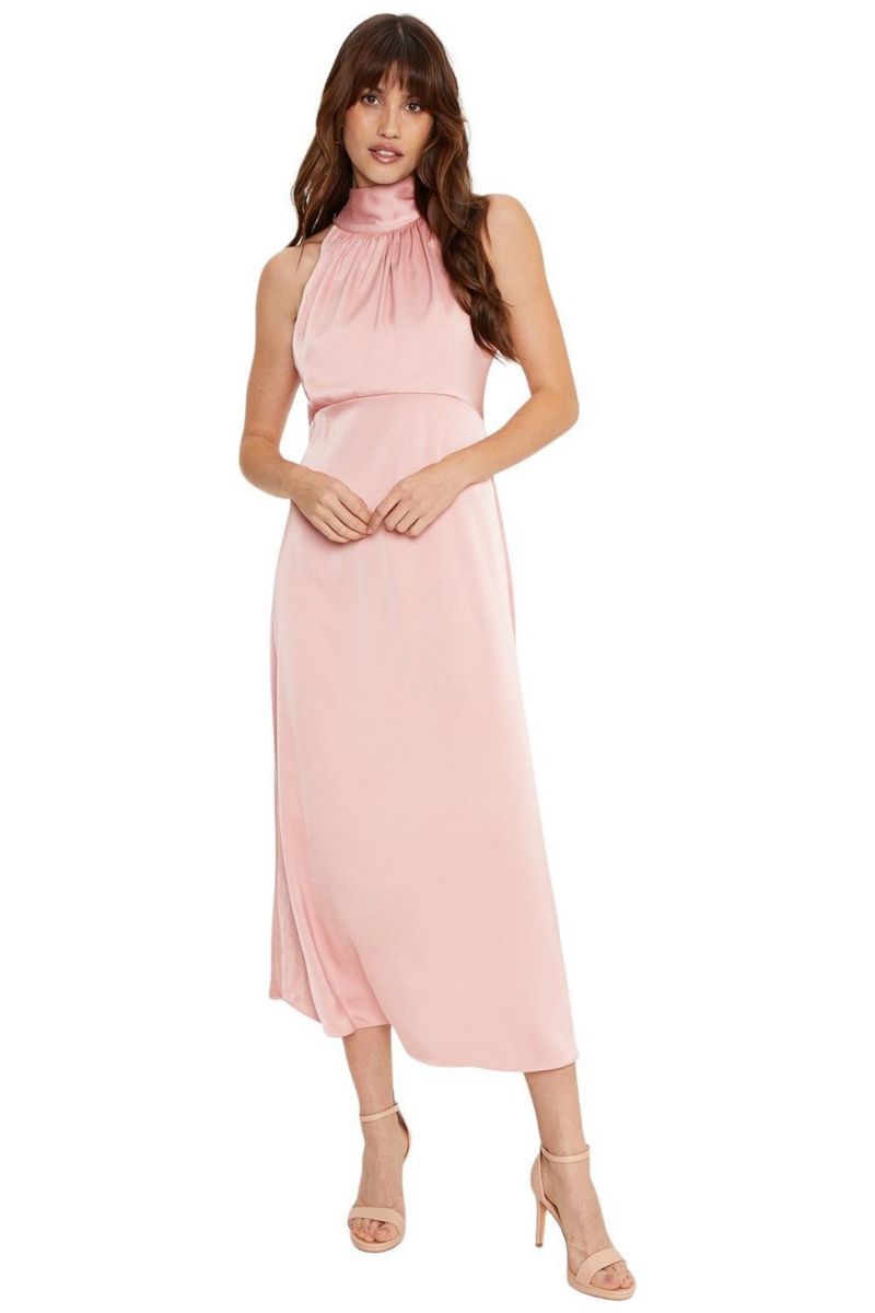 Women's Satin Halter Neck Midi Bridesmaid Dress