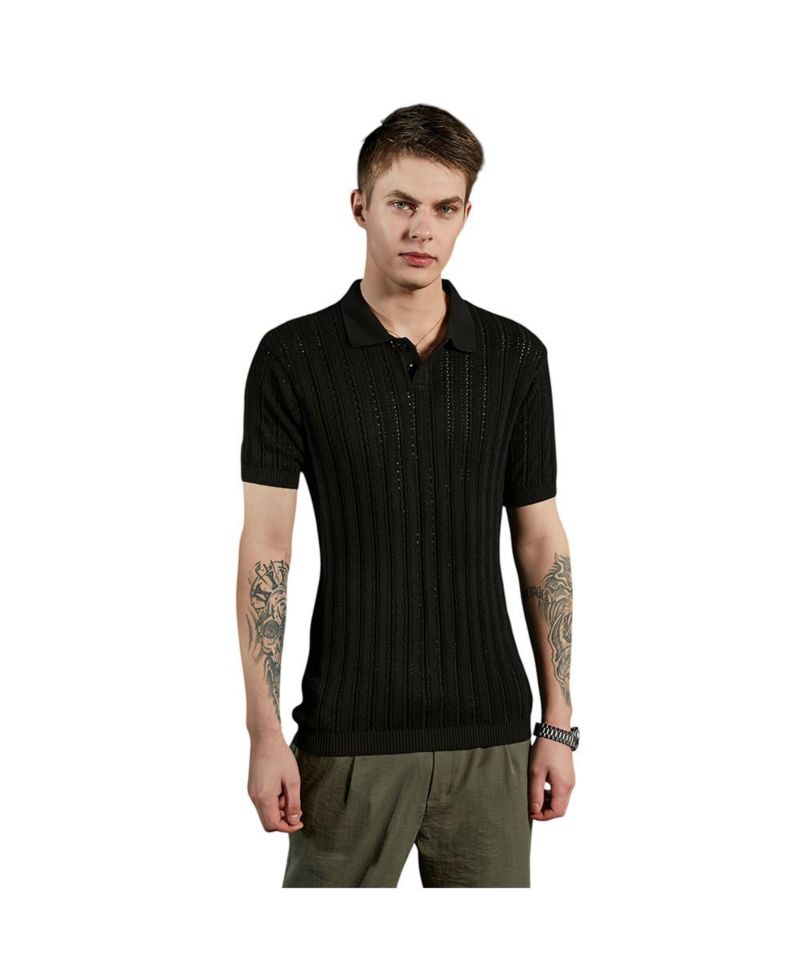Men's Obsidian Black Stripe-Textured Polo T-Shirt