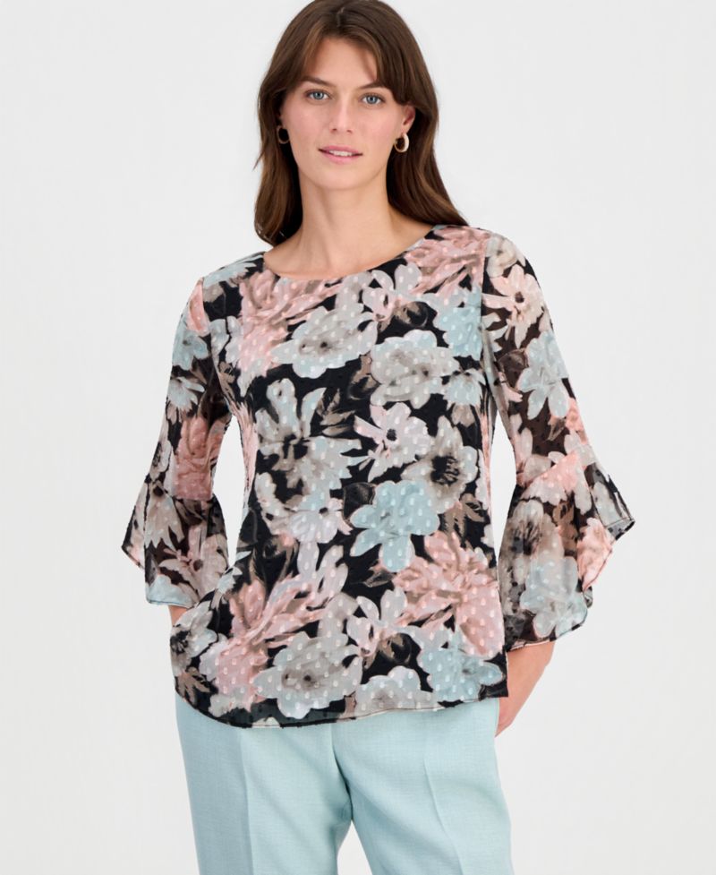 Petite Floral Clip-Dot 3/4-Sleeve Top
