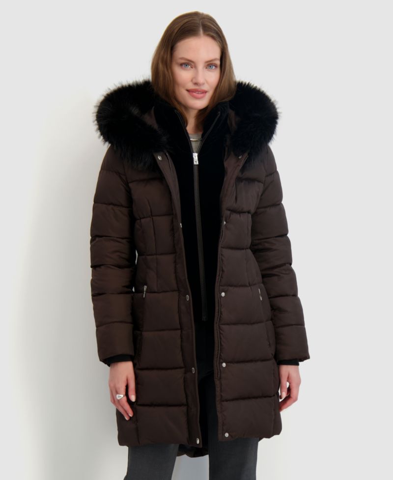 Womens Velvet Bibbed Faux-Fur Hooded Puffer Coat